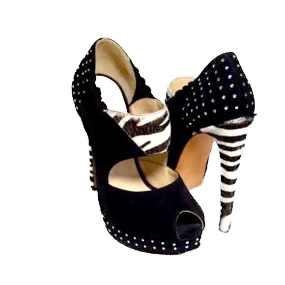 🆕🏷️  RDamiano Marini | Zebra Ponyhair Swarovski Platform Heels | Made in Italy - Picture 6 of 13